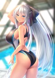 1girls 2022 ass black_bow black_ribbon black_swimsuit blue_eyelashes blue_eyes blurry_background blush bow breasts color competition_swimsuit cowboy_shot dat_ass eyebrows eyebrows_visible_through_hair eyelashes eyelashes_visible_through_hair fanart fate/grand_order fate_(series) female female_ass female_only hair hair_between_eyes hanazono_room hips huge_bow huge_breasts indoor_pool indoors large_ass looking_at_viewer morgan_le_fay_(fate) multicolored_swimsuit one-piece_swimsuit open_eyes open_mouth ponytail pool ribbon side_bangs side_braid side_butt sideboob slim_waist that_pool thick_thighs thighs very_long_hair white_eyebrows white_hair wide_hips yuunagi_(0217)