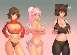 2022 3girls bakki bikini blake_belladonna breast_expansion breast_grab breasts cat_ears cleavage female female_only huge_breasts multiple_girls ponytail rooster_teeth ruby_rose rwby self_fondle sports_bra tights weiss_schnee