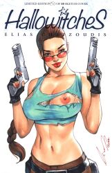 1girls abs areolae bare_shoulders belt bimbo braid braided_hair breasts brown_eyes cleavage comic_cover dual_wielding elias_chatzoudis eyewear female female_focus female_only firearm gun handgun handwear human lara_croft lara_croft_(classic) lips lipstick long_hair looking_over_eyewear looking_over_glasses looking_over_sunglasses nail_polish navel nipples pistol red-tinted_eyewear ripped_clothing simple_background sole_female solo solo_focus sunglasses tagme tank_top tied_hair tinted_eyewear tomb_raider torn_clothes weapon white_background