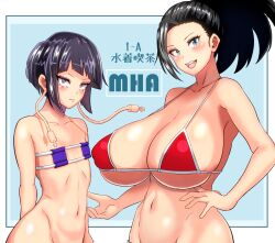 2girls arms_behind_back audio_jack bangs bikini black_hair blue_eyes blush earlobe_jacks eyepatch_bikini female female_only flat_chest frown hair_ornament hair_pulled_back huge_breasts jealous jealousy kyoka_jiro long_hair looking_at_viewer momo_yaoyorozu multiple_girls my_hero_academia navel open_mouth ponytail purple_bikini purple_eyes red_bikini short_hair simple_background smile spiky_hair sumire_river tied_hair true_flat_chest