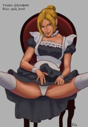 annie_leonhardt attack_on_titan blonde_hair clothed clothing grey_background lewdpala maid_uniform shingeki_no_kyojin thighs tied_hair white_panties