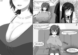 2girls breast_expansion breasts comic dialogue english_text female female_focus female_only huge_breasts idolmaster idolmaster_million_live! kasuga_mirai monochrome short_hair speech_bubble text ultoni_(urutoratofunii/ultratofunii)