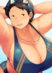 1girls arms_behind_head big_breasts breasts breasts_bigger_than_head female huge_breasts hunter_rank_e large_breasts mob_face mochida_(hunter_rank_e) necklace oc short_hair simple_face smile solo solo_female swimming_goggles swimsuit wet