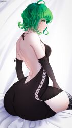 1girls absurd_res ass big_ass breasts dress eye_contact female female_only green_eyes green_hair high_resolution looking_at_viewer one-punch_man rezeharu short_hair sitting solo tatsumaki thick_thighs thighs