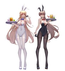 2girls absurdres alternate_costume animal_ears arm_up ass_visible_through_thighs azur_lane bangs black_footwear black_gloves black_legwear black_leotard blonde_hair blue_bow blue_bowtie blush bow bowtie breasts brown_hair bunny_ears bunny_girl bunnysuit cleavage commentary_request covered_navel earrings eyebrows_visible_through_hair fake_animal_ears female female_only gloves half_gloves high_heels highres holding holding_tray jean_bart_(azur_lane) jewelry large_breasts leotard long_hair multiple_girls pantyhose rabbit_ears red_bow red_bowtie red_eyes richelieu_(azur_lane) strapless strapless_leotard thigh_gap thighband_pantyhose tray v white_footwear white_legwear white_leotard wrist_cuffs wsfw