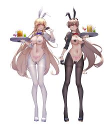 2girls absurdres alternate_costume animal_ears arm_up ass_visible_through_thighs azur_lane bangs black_footwear black_gloves black_heart_pasties black_legwear black_pasties blonde_hair blue_bow blue_bowtie blush bow bowtie breasts brown_hair bunny_ears bunny_girl bunnysuit censored cleavage commentary_request covered_nipples earrings eyebrows_visible_through_hair fake_animal_ears gloves half_gloves heart heart_censor heart_pasties high_heels highres holding holding_tray jean_bart_(azur_lane) jewelry large_breasts long_hair multiple_girls navel pantyhose pasties pubic_tattoo rabbit_ears red_bow red_bowtie red_eyes reverse_bunnysuit richelieu_(azur_lane) strapless tattoo thigh_gap thighband_pantyhose tray v white_footwear white_heart_pasties white_legwear white_pasties wrist_cuffs wsfw