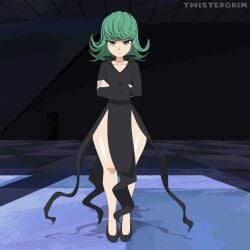 1girls 2d 2d_animation animated black_clothing clothing dress_lift female female_only flat_chest green_eyes green_hair looking_at_viewer no_panties one-punch_man pussy solo_female tagme tatsumaki twistedgrim