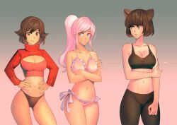 2022 3girls bakki bikini blake_belladonna breast_expansion breasts cat_ears cleavage female female_only multiple_girls ponytail rooster_teeth ruby_rose rwby sports_bra tights weiss_schnee