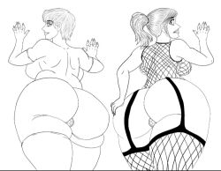 anal ass backview big_ass butt_focus buttplug buttplug_in_ass cheeks fishnets gloves huge_ass legwear line_art lingerie long_gloves mature_female milf mother_and_daughter opalogem_(artist) perspective ponytail short_hair sketch thick_ass thick_thighs younger_female