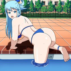 alternate_costume aqua_(konosuba) ass kono_subarashii_sekai_ni_shukufuku_wo! outdoors outside sealllll sideboob swimsuit