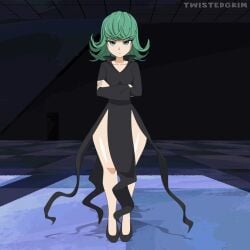 1girls 2d 2d_animation animated black_clothing clothing dress_lift female female_only green_hair looking_at_viewer one-punch_man panties presenting solo_female striped_panties tagme tatsumaki twistedgrim underwear