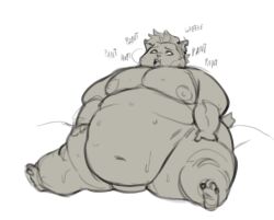 absurd_res anthro bodily_fluids breath canid canine devin_(kyrosh) ear_piercing english_text fat hi_res kyrosh male male_only mammal morbidly_obese morbidly_obese_male nipples obese obese_male overweight overweight_male panting piercing sitting solo sound_effects sweat text