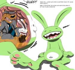 anthro dialogue english_text lagomorph max_(sam_and_max) rabbit sam_(sam_and_max) sam_and_max stomach_acid stomach_bulge stomach_noises tagme vore x-ray