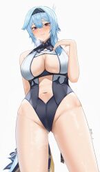 1girls ass_visible_through_thighs blue_hair blush breasts busty cleavage clothing curvy eula_(genshin_impact) female female_only genshin_impact hi_res human large_breasts leotard looking_at_viewer navel nvl purple_eyes revealing_clothes sweat thick_thighs