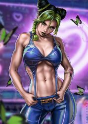 1girls 2022 abs belly_button black_hair breasts butterfly butterfly_tattoo dandon_fuga female female_only fully_clothed green_hair jojo's_bizarre_adventure jolyne_kujo multicolored_hair navel solo stone_ocean tattoo toned toned_female