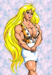 blonde_hair breasts clothes curves curvy dcmatthews dress female female_only green_eyes large_breasts long_hair muscles muscular muscular_female solo solo_female tetsuko very_long_hair