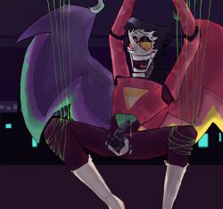 1boy arms_up black_hair clothed deltarune deltarune_chapter_2 exposed_penis eyes_half_open glasses male male_only mechanical non-human precum smile solo source_request spamton_g_spamton spamton_neo suspension sweat tagme tentacle tentacle_cock tentacle_penis tied_legs tied_up toony torn_clothes torn_legwear unknown_artist unusual_penis white_skin wings