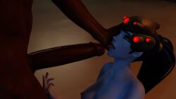 3d amelie_lacroix ananelia baptiste big_penis blue_hair blue_skin cock_hungry cock_worship dark-skinned_male dark_skin femsub hand_on_cheek hand_on_head huge_cock imminent_oral imminent_sex interracial male naked nude_female open_mouth overwatch penis straight tongue_out widowmaker