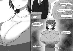 1boy 1girls breast_expansion breasts comic dialogue english_text female_focus huge_breasts idolmaster idolmaster_million_live! kasuga_mirai monochrome producer_(idolmaster) short_hair speech_bubble text ultoni_(urutoratofunii/ultratofunii)