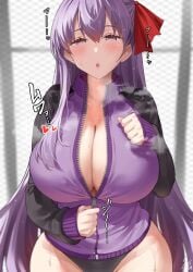 1girls 2022 artist_signature bb_(fate) black_panties blush breasts fate/grand_order fate_(series) female female_only hips huge_breasts indoors long_hair looking_at_viewer naughty_face no_pants panties purple_eyes purple_hair red_ribbon ribbon ribbon_in_hair steam steaming_body thick_thighs thighs track_suit unzipped_jacket unzipping uo_denim very_long_hair visible_breath wide_hips