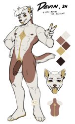 1boy absurd_res anthro canid canine devin_(kyrosh) ear_piercing english_text flaccid genitals hi_res humanoid_genitalia humanoid_penis kyrosh male male_only mammal model_sheet nipples penis piercing solo text