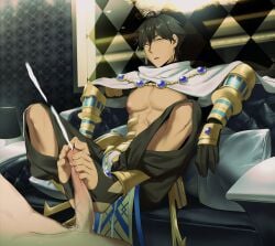 2022 2boys brown_hair cum cumshot fate/grand_order feet footjob gay hairox male male_only ozymandias_(fate) penis tanned_skin yaoi yellow_eyes