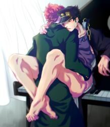 2boys black_hair bottomless chains earrings from_behind gakuran green_eyes hat implied_anal instrument jewelry jojo's_bizarre_adventure jotaro_kujo leg_lock less_end long_coat male_focus multiple_boys noriaki_kakyoin piano piano_keys pink_hair red_hair school_uniform sex sitting standing standing_sex stardust_crusaders sweat yaoi