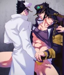 3boys black_hair bottomless chains clothes_lift diamond_is_unbreakable duct_tape gakuran green_eyes group_sex hat highres implied_anal implied_yaoi jojo's_bizarre_adventure jotaro_kujo large_pectorals less_end long_coat male male_focus muscular muscular_male nipples pectorals restrained school_uniform selfcest shirt_lift spread_legs stardust_crusaders stationary_restraints stone_ocean threesome white_coat yaoi