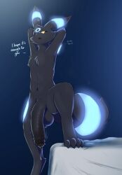 absurd_res anthro anthrofied balls bed big_balls big_penis bioluminescence bodily_fluids conditional_dnp dialogue digitigrade draco_(artist) draco_(draco) duo eeveelution english_text flaccid foreskin fur furniture furry furry_only genital_fluids genitals glans glowing hands_behind_head hi_res huge_cock humanoid_genitalia humanoid_penis legs_up long_penis male male_only nintendo paws penis pokémon_(species) pokemon precum shiny_pokémon tail text umbreon video_games