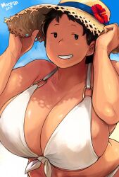 1girls 2019 big_breasts bikini breasts breasts_bigger_than_head female huge_breasts hunter_rank_e large_breasts mob_face mochida_(hunter_rank_e) oc short_hair simple_face smile solo solo_focus straw_hat sunhat white_bikini