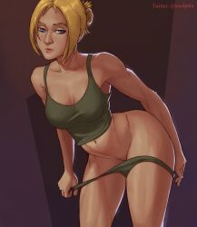 1girls annie_leonhardt attack_on_titan blonde_hair blue_eyes breasts collarbone emotionless expressionless green_panties green_tank_top groin hips lewdpala looking_at_viewer midriff navel panties panty_pull seductive seductive_look shingeki_no_kyojin tank_top thighs twitter_username