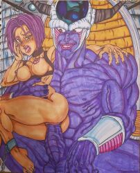 ankle_cuffs blush defeated_heroine dragon_ball dragon_ball_super dragon_ball_z female_trunks harness huge_balls huge_cock king_cold nude_female nude_male princeadam rape rule_63 size_difference slave traditional_media_(artwork) trunks_briefs