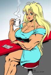 big_breasts blonde_hair dcmatthews dress female female_only huge_breasts mug muscular muscular_female solo solo_female tetsuko