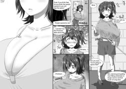 2girls breast_expansion breasts comic dialogue english_text female_focus huge_breasts idolmaster idolmaster_million_live! kasuga_mirai monochrome short_hair speech_bubble text ultoni_(urutoratofunii/ultratofunii)