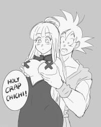 1boy 1girl 1girls artist_request breasts chichi dragon_ball goku gokutrash grabbing_breasts large_breasts muscular_male no_color son_goku surprised surprised_expression text text_bubble wide_hips x_pasties