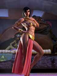 2girls 3d arab arabian arabian_clothes areolae belly_dancer belly_dancer_outfit black_hair blankpins bocas_top brown_eyes crossover dancer dancer_outfit dark-skinned_female egyptian fit_female harem harem_girl harem_outfit headgear hutt jabba's_palace jabba_the_hutt large_breasts loincloth middle_eastern muscular_female oola overwatch pharah princess slave slave_bikini slave_collar slave_outfit slavegirl star_wars twi'lek