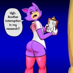 1:1 1girls anthro ass clothing domestic_cat english_text felid feline felis female fur jacket leggings legwear mammal professor_purrview purple_body purple_fur solo speech_bubble text toontown_cat toontown_online toontown_rewritten topwear unknown_artist white_clothing white_jacket white_topwear