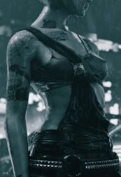 1girls 3d black_and_white cyberpunk_2077 erect_nipples erect_nipples_under_clothes female female_only judy_alvarez short_hair sixplusone solo tattoo wet wet_clothes wet_skin