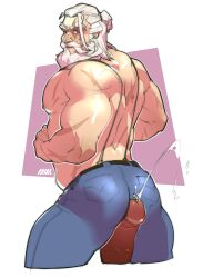 balls bara cum cumming ejaculation facial_hair gay jeans light_hair looking_back male male_only mature mature_male muscles muscular naxxillustration orgasm overwatch penis penis_against_ass penis_between_thighs reinhardt scar thick_thighs thighs white_hair