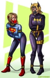 2girls ankle_cuffs batgirl batgirl_(stephanie_brown) batman_(series) bending_over blonde_hair bondage bound bound_ankles bound_arms breasts chain chains clothed clothed_female cuffs dc dc_comics female female_only femsub gag gagged harness_gag kara_zor-el knotbot multiple_girls multiple_subs panel_gag restrained spoiler_(dc) spreader_bar standing stephanie_brown supergirl superheroine superman_(series)