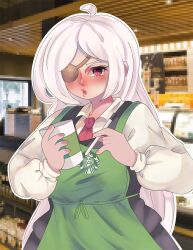 2021 apron artist_request barista bbw big_breasts blurry_background blush breasts chubby clothed coffee eye_patch iced_latte_with_breast_milk long_hair meme nina_aquila nina_aquila_legal_eagle panda_canela pen red_eyes starbucks tagme_(artist) tanuki-sama_studios tie white_hair