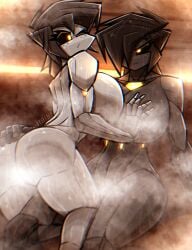 albry_(zzzhodazzz) ass ass_grab back big_breasts black_hair breast_grab breasts female_only freckles kyurby_(zzzhodazzz) one_eye_closed one_eye_covered robot robot_girl robot_humanoid steam sweat tagme thighs yellow_eyes yuri zzzhodazzz