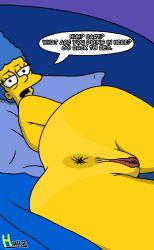 1girls anus ass asshole bedroom dialogue female female_only hwiz marge_simpson milf night nude presenting pussy sleepy solo speech_bubble the_simpsons woken_up