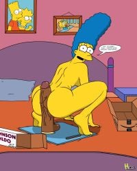 1girls ass assjob bed bedroom big_dildo buttjob caught dialogue dildo embarrassed female female_only hot_dogging hwiz marge_simpson nude sex_toy solo speech_bubble squatting the_simpsons