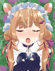 black_gloves blush closed_eyes cum cum_in_mouth cum_on_body cum_on_clothes cum_on_hair eli_conifer facial female flower from_above gloves grass hair_ornament hair_ribbon highres long_hair mamimume-mo nijisanji open_mouth red_ribbon ribbon saliva solo twintails virtual_youtuber