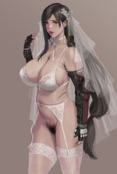 big_breasts final_fantasy final_fantasy_vii final_fantasy_vii_remake janggun pubes pubic_hair red_eyes tifa_lockhart wedding_lingerie wedding_veil