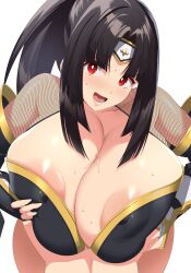 1boy 1girls areola areola_slip assertive_female big_breasts black_armwear black_hair breasts censored female fishnet_armwear forehead_protector huge_breasts kloah kunoichi kunoichi_zero large_breasts last_origin light-skinned_female light-skinned_male light_skin long_hair looking_at_partner looking_at_viewer male male_pov mosaic_censoring ninja nipple_bulge nipple_slip nipples open-mouth_smile paizuri paizuri_lead_by_female paizuri_under_clothes penis ponytail pov red_eyes shiny_hair shiny_skin simple_background sweat white_background