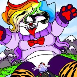 1girls ahe_gao arms_up big_breasts bowtie building cartoony dildo dildo_in_pussy eyelashes female female_only giantess inanimate_object katzgreed mountains original_character outside purple_eyes purple_nose rainbow_hair road solo squirting thighhighs tiger_print tongue tongue_out trees