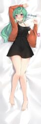 animal_ears bare_legs barefoot black_dress blush bra_strap dakimakura_(medium) dress female finana_ryugu green_hair head_fins highres jacket looking_at_viewer lying nijisanji nijisanji_en off-shoulder_dress off_shoulder on_back on_bed orange_jacket parted_lips purple_eyes pussy_juice remote_control_vibrator scales second-party_source sex_toy short_dress solo tamatabe vibrator virtual_youtuber