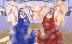 balls bara boner braum cum cum_through_clothes erection frottage gay hitenmaru league_of_legends male male_only muscles muscular musk overwatch penis penises_touching reinhardt singlet sweat sweating